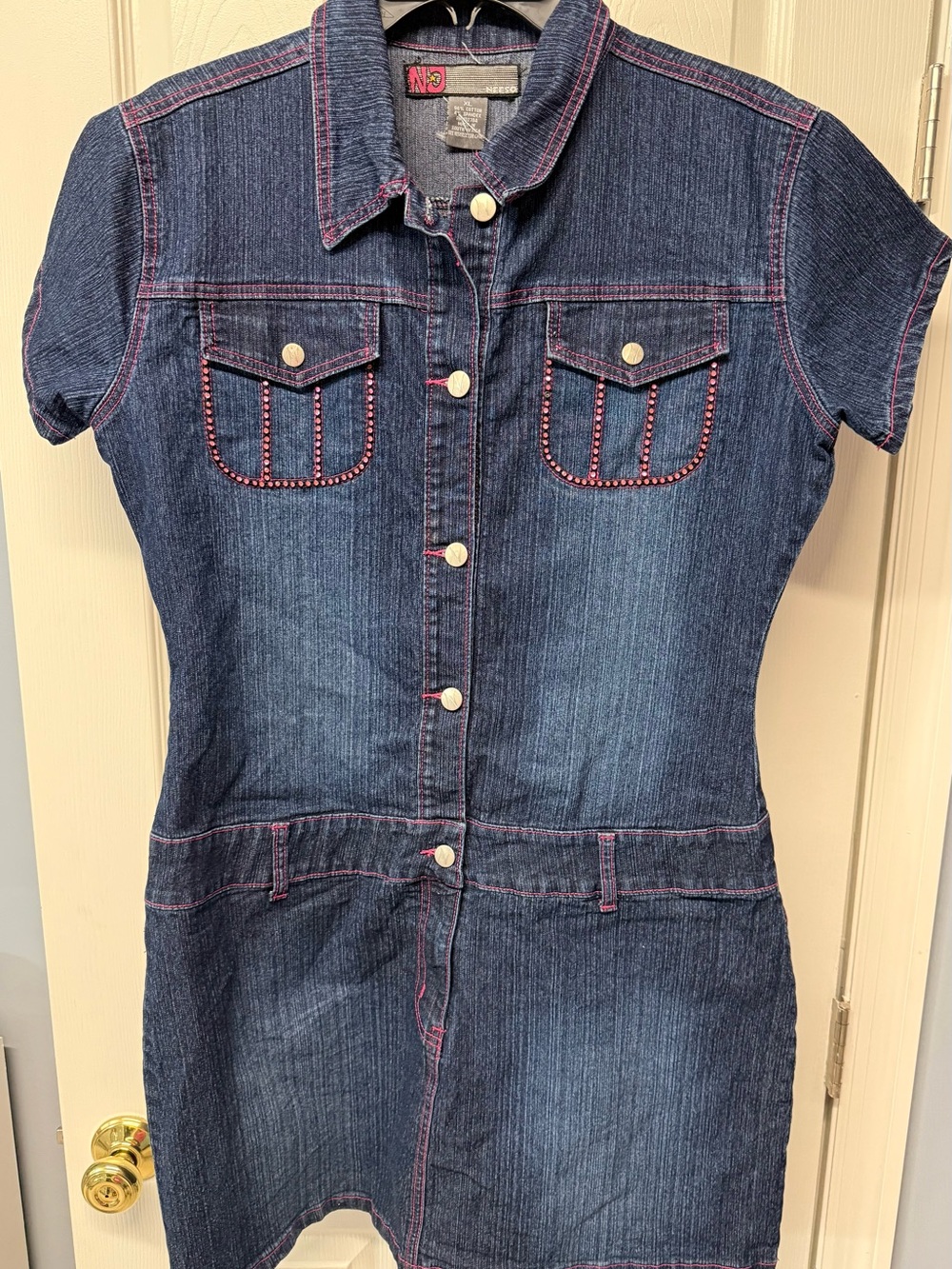 Women’s Dark Blue Denim Dress with Pink Stitching